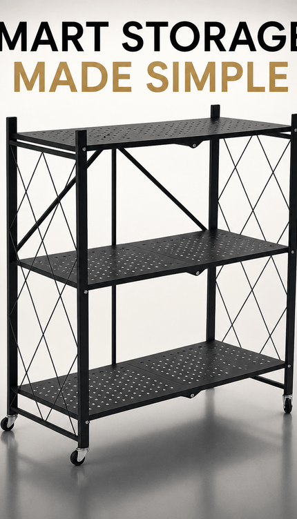3 Tier Folding Storage Shelf Rack with Wheels, Freestanding Black Metal Shelving Unit, Foldable Mobile Organiser for Kitchen, Living Room, Bedroom, Office and Utility Room, Medium Size