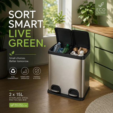 Dual Pedal Bin 2 x 15L Stainless Steel Recycling Waste Can 30L for Kitchen Office