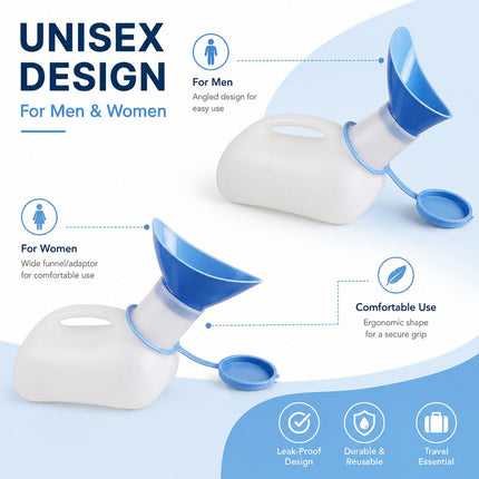Unisex Portable Urinal Bottle 1L with Lid & Funnel Reusable Travel Pee Container for Patients, Elderly, Camping & Emergency Use