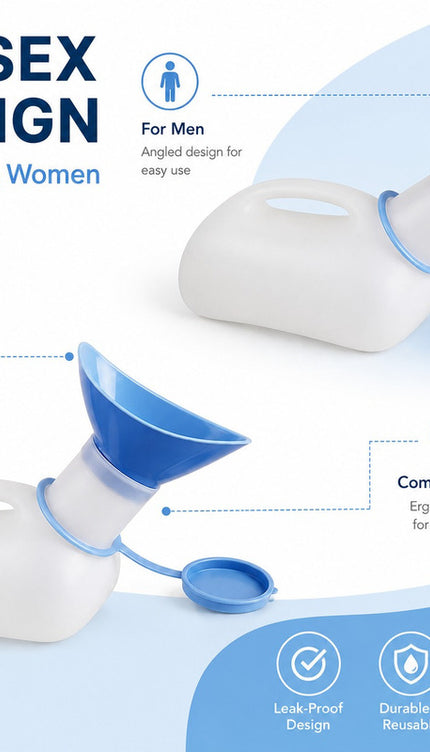 Unisex Portable Urinal Bottle 1L with Lid & Funnel Reusable Travel Pee Container for Patients, Elderly, Camping & Emergency Use