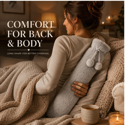 Hot Water Bottle with Soft Fleece Extra Long 2.2L Cover Body Pain Relief for Back, Neck, Shoulders & Legs  Light Grey