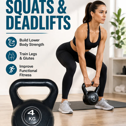Vinyl Kettlebell Weight 4KG–20KG, Cast Iron Strength Training Equipment with Wide Grip Handle & Stable Flat Base, Free Weight for Home Gym, Squats, Swings and Full Body Workouts