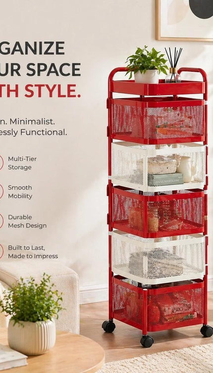 6 Tier Rotating Storage Trolley Rack, Carbon Steel Organiser Cart, Red & White