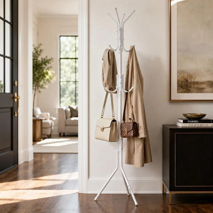 Coat Rack Stand with 12 Hooks, White Metal Clothes Hanger Tree, Hat & Umbrella Organizer for Entryway