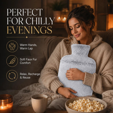 2L Hot Water Bottle with Soft Faux Fur Cover Light Grey Leakproof Winter Warmer Long Lasting Heat Pain Relief for Back, Neck & Period Cramps