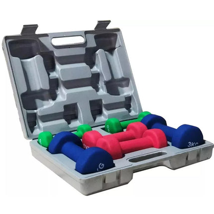 12kg Neoprene Dumbbell Set with Carry Case 1kg, 2kg & 3kg Pair Vinyl Hand Weights for Strength Training, Aerobics & Home Workouts – Anti-Roll, Non-Slip Grip, Compact Design