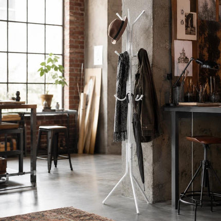 Coat Rack Stand with 12 Hooks, White Metal Clothes Hanger Tree, Hat & Umbrella Organizer for Entryway