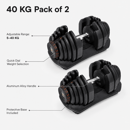 40kg Adjustable Dumbbell Quick Dial Weight System, Space Saving Home Gym Fitness Weight with Non-Slip Handle & Storage Base for Strength Training, Full Body Exercise – Pack of 1 or 2
