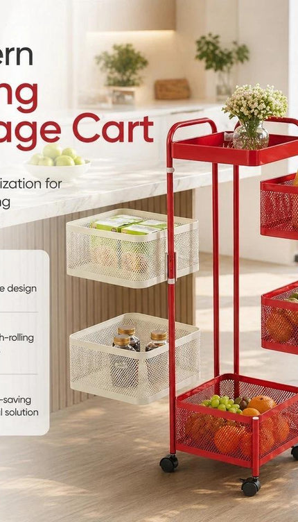 6 Tier Rotating Storage Trolley Rack, Carbon Steel Organiser Cart, Red & White
