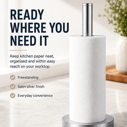 Kitchen Paper Roll Holder Pack of 2 Free Standing Silver Stainless Steel Countertop Tissue Stand Modern 32.5cm