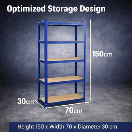 2x Heavy Duty Garage Shelving Unit 5 Tier Blue Metal Storage Rack 150x70x30cm Boltless