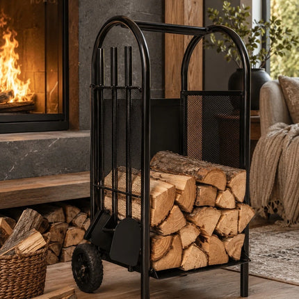 Firewood Log Cart Wheeled with 3 Tools Black Steel Fireplace Log Holder Set