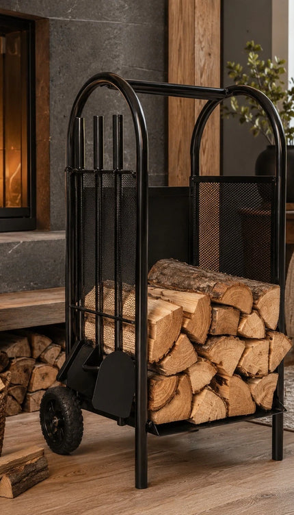 Firewood Log Cart Wheeled with 3 Tools Black Steel Fireplace Log Holder Set