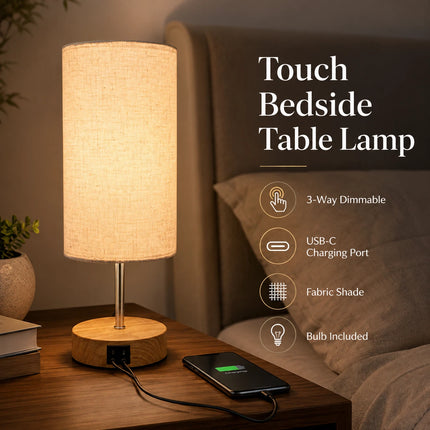 Touch Bedside Table Lamp USB-C Charging Port 3-Way Dimmable Nightstand Light
