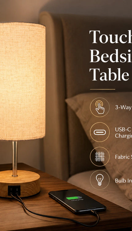 Touch Bedside Table Lamp USB-C Charging Port 3-Way Dimmable Nightstand Light