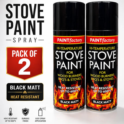 Stove Paint Spray 400ml Black Matt Heat Resistant for Fireplace BBQ Stove 2-Pack