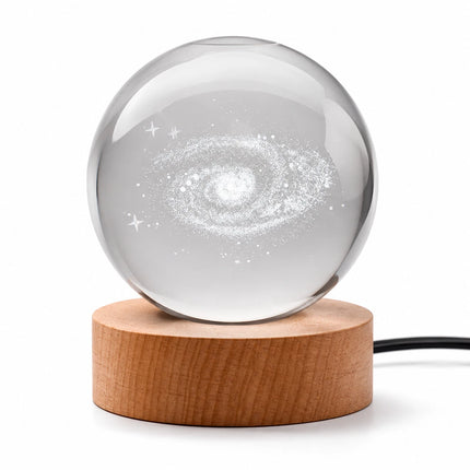 8cm Galaxy Crystal Ball Night Light 3D Engraved - Wooden Base Warm White + RGB