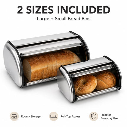 2x Bread Bin Roll Top Stainless Steel Kitchen Loaf Storage Container Box 12L+22L