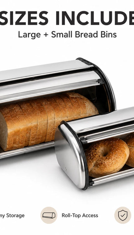 2x Bread Bin Roll Top Stainless Steel Kitchen Loaf Storage Container Box 12L+22L