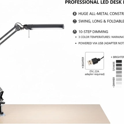 LED Metal Desk Lamp with Clamp USB 3 Colour Modes 10 Brightness Levels Swing Arm