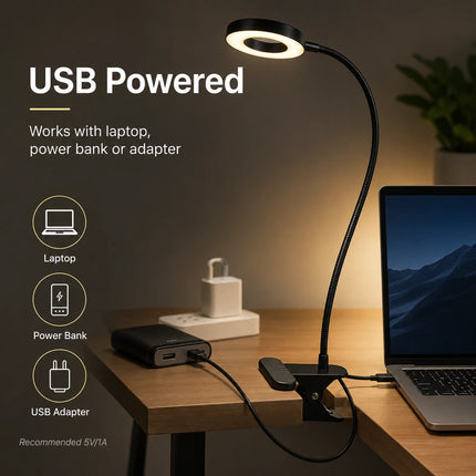 LED Gooseneck Clip Desk Lamp USB Dimmable 3 Colour Modes 10 Brightness Level