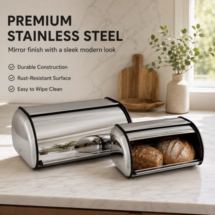 2x Bread Bin Roll Top Stainless Steel Kitchen Loaf Storage Container Box 12L+22L