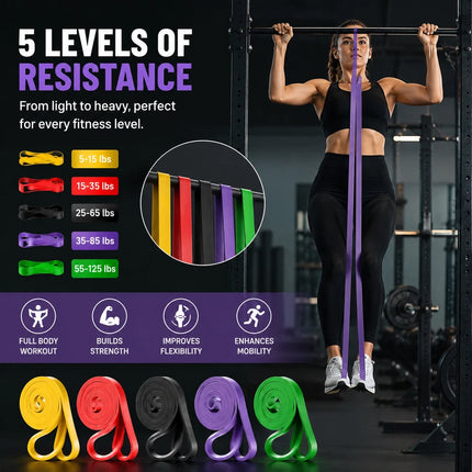 Pull Up Resistance Bands Set Color Coded 5 Different Levels with Door Anchor