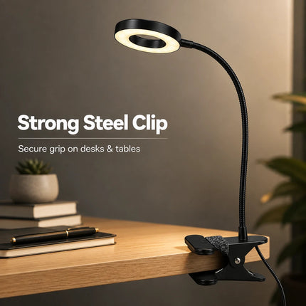 LED Gooseneck Clip Desk Lamp USB Dimmable 3 Colour Modes 10 Brightness Level