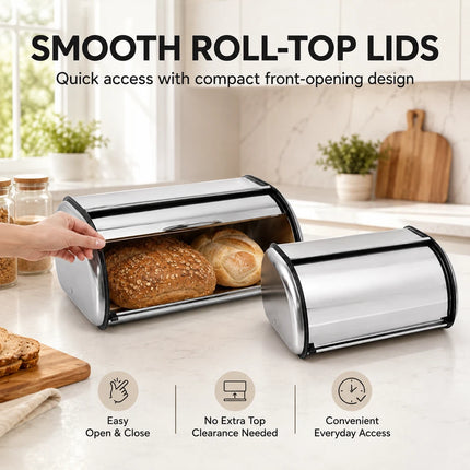 2x Bread Bin Roll Top Stainless Steel Kitchen Loaf Storage Container Box 12L+22L