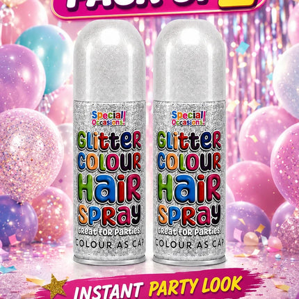 2x Temporary Hair Colour Spray Glitter White Instant Washable Fancy Dress Up Dye