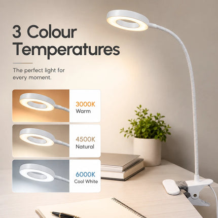 LED Gooseneck Clip Desk Lamp USB Dimmable 3 Colour Modes 10 Brightness Level