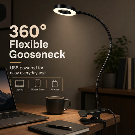 LED Gooseneck Clip Desk Lamp USB Dimmable 3 Colour Modes 10 Brightness Level