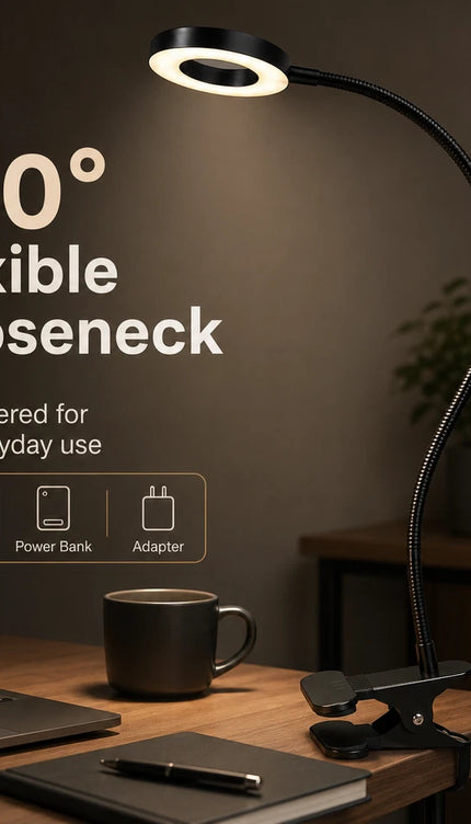 USB LED Clip Desk Lamp with Flexible Neck & Dimming-Black