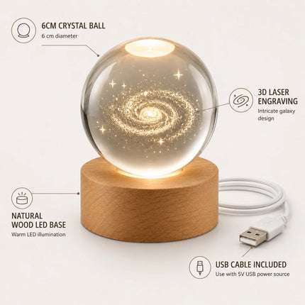 3D Engraved Galaxy Crystal Ball Night Light 6cm USB Wooden Base Warm White + RGB