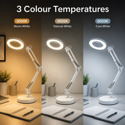 3X Magnifying Glass LED Desk Lamp Stepless Dimmable 3 Colour Swing Arm
