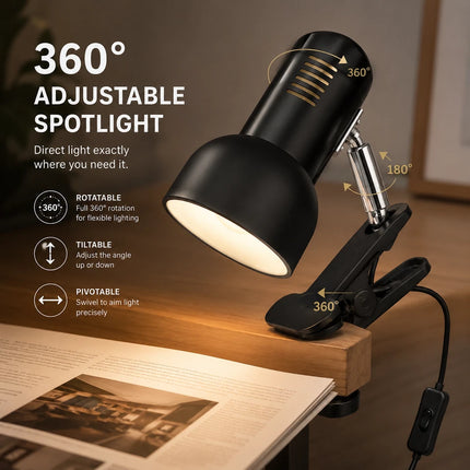 Clip On LED Study Lamp E27 For Bed Headboard Desk Shelf Adjustable Reading Light