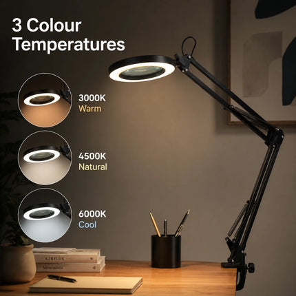 3X Magnifying Desk Lamp LED Light Dimmable 3 Light Colour Step Dimming Swing Arm