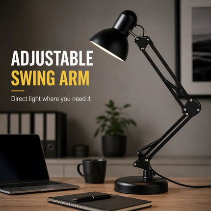 2-in-1 Metal Swing Arm Desk Lamp with Clamp – Adjustable E27 Task Light