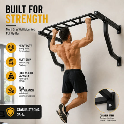 Multi Grip Wall Mounted Pull Up Bar Heavy Duty Chin Up Home Gym Workout Station
