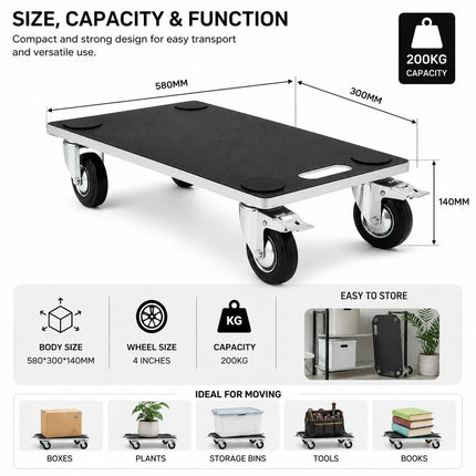 200KG Wooden Dolly Trolley Cart Wheeled Roller Platform Transporter Board