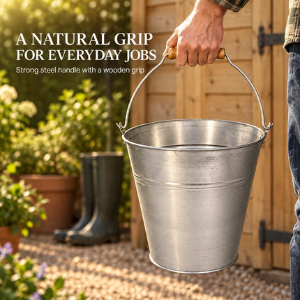 Galvanised Metal Bucket Heavy Duty Wooden Grip Handle for Home Garden 9L
