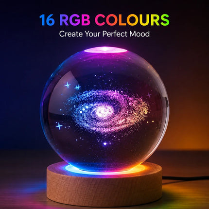8cm Galaxy Crystal Ball Night Light 3D Engraved - Wooden Base Warm White + RGB