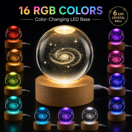 3D Engraved Galaxy Crystal Ball Night Light 6cm USB Wooden Base Warm White + RGB