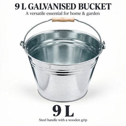 Galvanised Metal Bucket Heavy Duty Wooden Grip Handle for Home Garden 9L