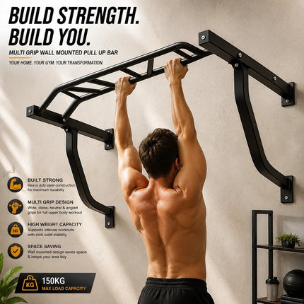 Multi Grip Wall Mounted Pull Up Bar Heavy Duty Chin Up Home Gym Workout Station
