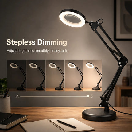 3X Magnifying Glass LED Desk Lamp Stepless Dimmable 3 Colour Swing Arm