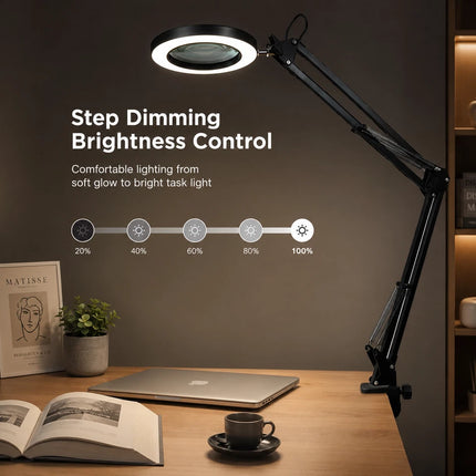 3X Magnifying Desk Lamp LED Light Dimmable 3 Light Colour Step Dimming Swing Arm