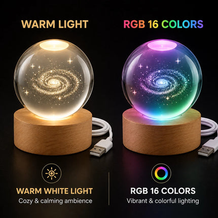 3D Engraved Galaxy Crystal Ball Night Light 6cm USB Wooden Base Warm White + RGB