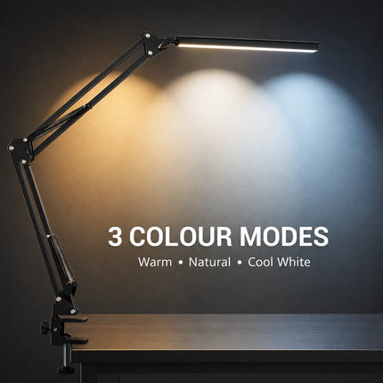 LED Metal Desk Lamp with Clamp – Adjustable Swing Arm, 3 Colour Modes & 10 Brightness Levels