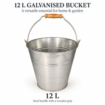 Galvanised Metal Bucket Heavy Duty Wooden Grip Handle for Home Garden 12L